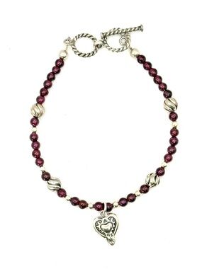 Silpada Vintage Retired B1488 Sterling Silver Garnet Bead Heart Charm Bracelet